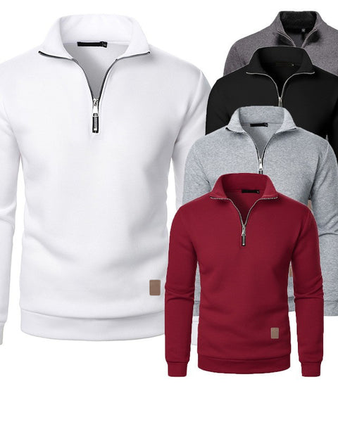 Men's Stand Collar Half Zip Long-sleeved Sports Casual Solid Color Fleece Top