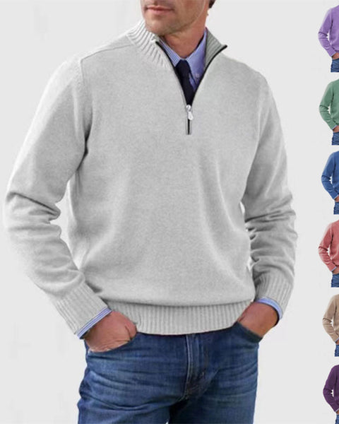 Men's Stand Collar Zipper Sweater Winter Fashion Solid Color Long Sleeve Knitted Top Clothing