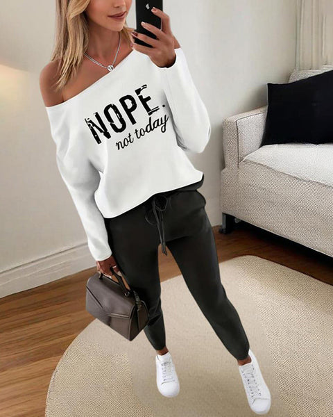 Women's Off-Shoulder Long Sleeve Top & Pants Set - 'NOPE Not Today' Print Casual Lounge Outfit For Spring&Fall