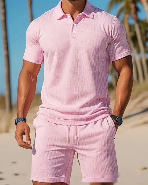 Men's Casual Beach Mesh Lapel Set Summer Comfortable Breathable Loose Solid-Color Sports Short-Sleeved Shirt And Shorts Set