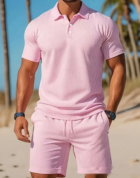 Men's Casual Beach Mesh Lapel Set Summer Comfortable Breathable Loose Solid-Color Sports Short-Sleeved Shirt And Shorts Set