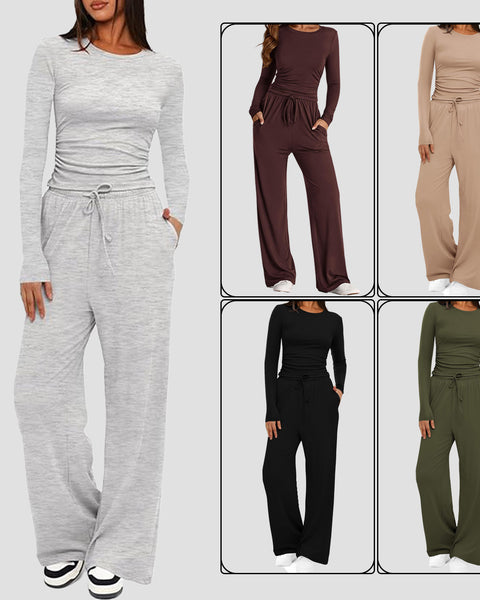 2 Pieces Women's Suit Autumn Winte Long Sleeve Tops High Waisted Wide Leg Pants Sportswear Female Clothes Solid Color Casual Suit