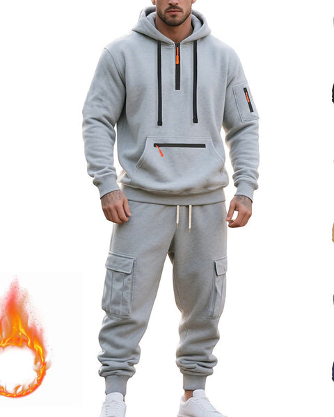 Men's Loose Sports And Leisure Suit Sweater Fleece-lined Hoodie Set Zipper Multi-Pocket Pullover Men's Sports Casual Top Two-piece Set
