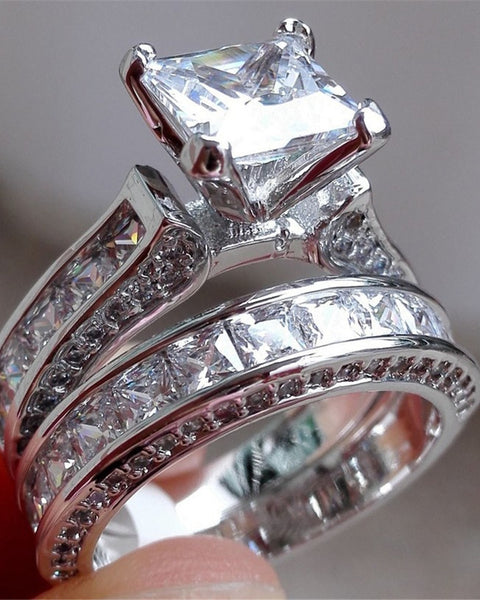 New Style Charm Couple Rings His Her Silver Color Princess Cut CZ Anniversary Promise Wedding Engagement Ring Sets