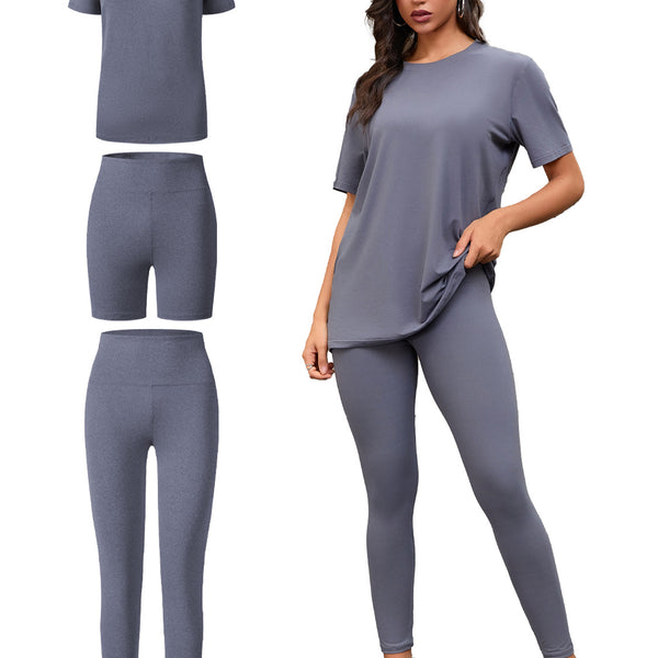 Three Piece Set, Round Neck Short Sleeved Top And Shorts And Pants Set, Sports And Casual Clothing