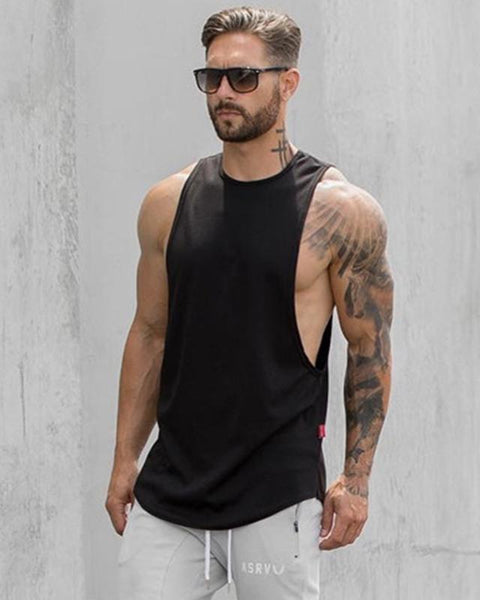 Men Long Tank Muscle Workout T-Shirt  Bodybuilding Gym Athletic Training Sports Tops