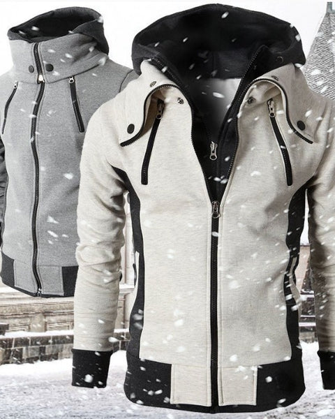 Men's Zip UP Hooded Jacket Fake Two Piece Sports Cardigan Casual Slim Sweatshirt Jacket