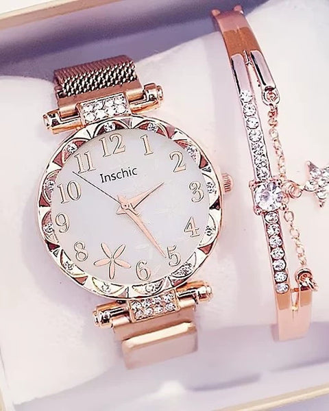 Women's Rhinestone Belt Quartz Watch Bracelet Set