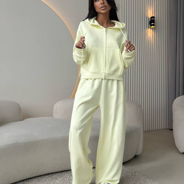 European And American Solid Color Long Sleeve Zipper Cardigan Hoodie Lace-up Trousers Two-piece Set