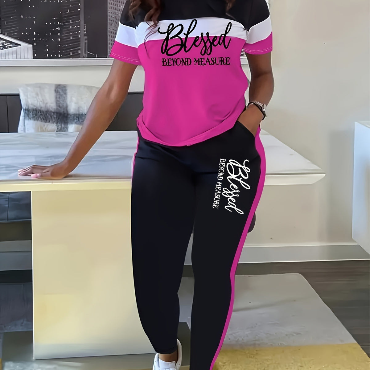 Contrast Color Striped Short Sleeve With Wide Leg Pants Suit