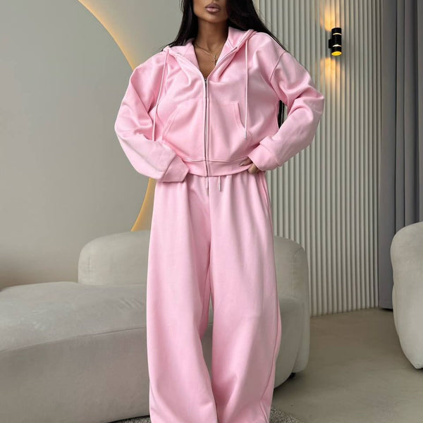 European And American Solid Color Long Sleeve Zipper Cardigan Hoodie Lace-up Trousers Two-piece Set