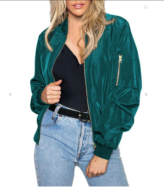 Women's Solid Color Cool Girl Baseball Jackets Round Neck Zipper Vintage Bomber Jacket Autumn Casual Female Bomber Jacket Chic Outerwear