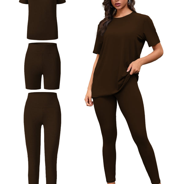 Three Piece Set, Round Neck Short Sleeved Top And Shorts And Pants Set, Sports And Casual Clothing