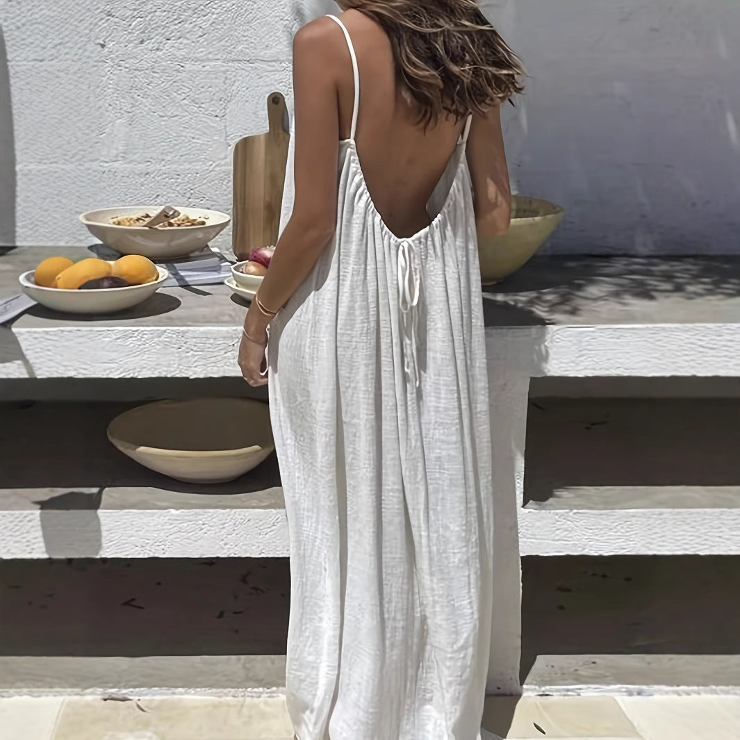 Loose Spaghetti Dress Ins Fashion U-cut Backless Tie-up Long Dresses Beach Vacation Bohemian Women's Clothing