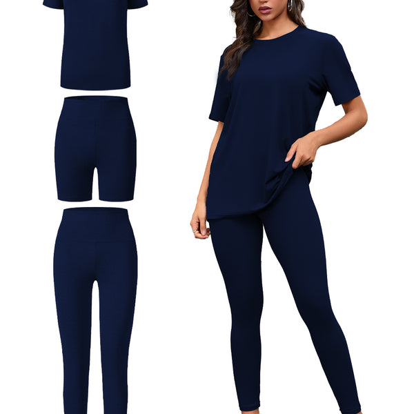 Three Piece Set, Round Neck Short Sleeved Top And Shorts And Pants Set, Sports And Casual Clothing
