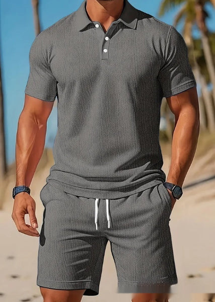 Men's Casual Beach Mesh Lapel Set Summer Comfortable Breathable Loose Solid-Color Sports Short-Sleeved Shirt And Shorts Set