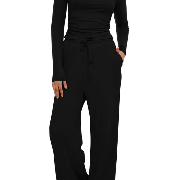 2 Pieces Women's Suit Autumn Winte Long Sleeve Tops High Waisted Wide Leg Pants Sportswear Female Clothes Solid Color Casual Suit