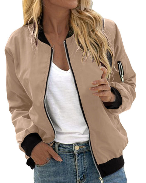 Women's Solid Color Cool Girl Baseball Jackets Round Neck Zipper Vintage Bomber Jacket Autumn Casual Female Bomber Jacket Chic Outerwear