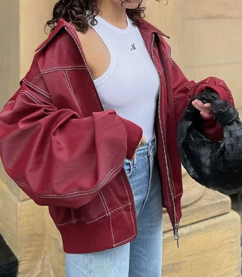 Loose Fashion Lapel Zip-up Jacket Cool Long Sleeve Zipper Closure Moto Biker Leather Jacket Womens Clothing