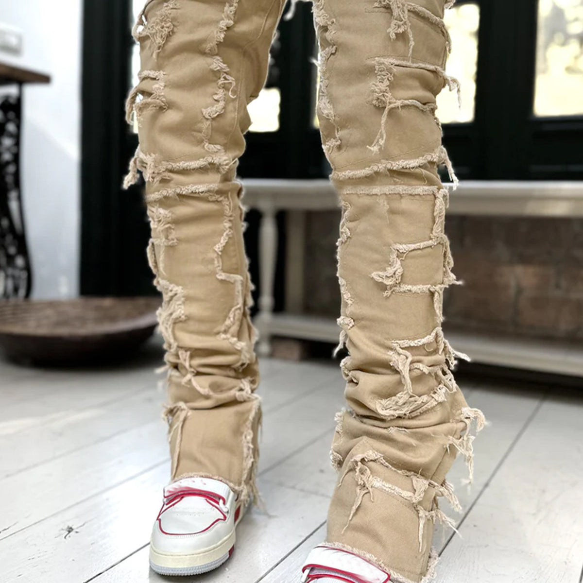 Men Trousers Individual Patched Pants Long Tight Fit Stacked Jeans For Mens Clothing
