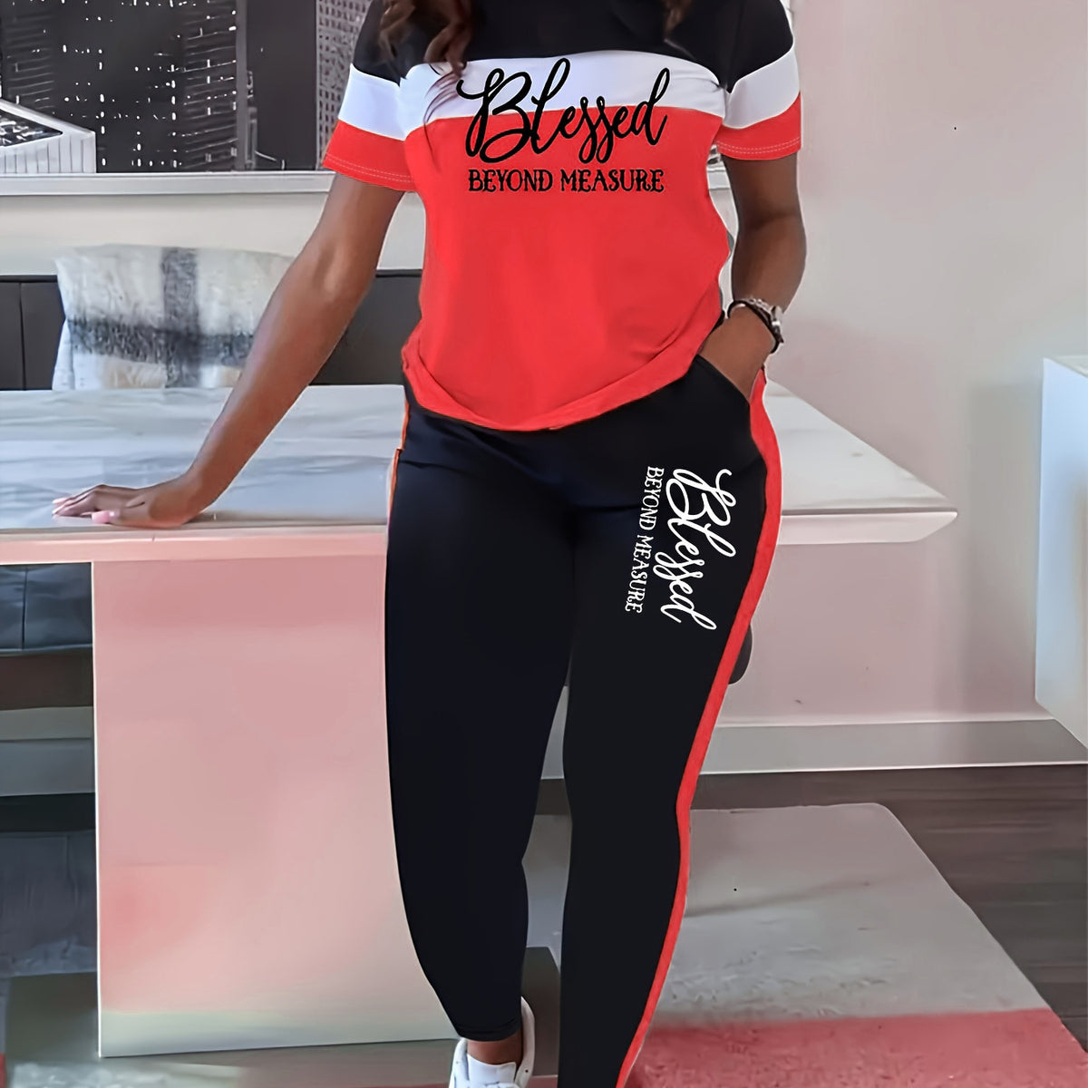 Contrast Color Striped Short Sleeve With Wide Leg Pants Suit