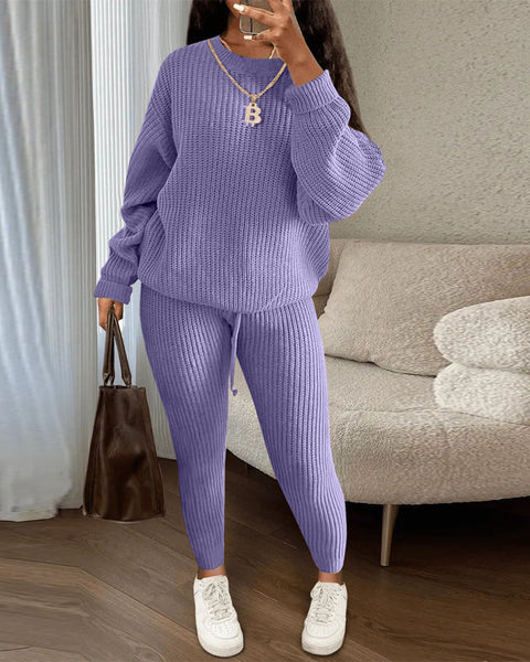 Winter Ribbed Knit Suits Fashion Loose Pullover Sweater Top And Drawstring Pants For Women Trouser Set Clothing