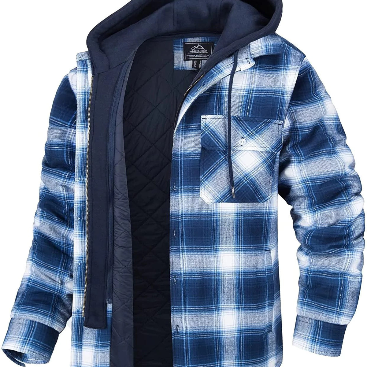 Men's Plaid Hooded Coat Winter Warm Button Zip-up Jacket Fashion Casual Thick Padded Long Sleeves Outerwear Clothing