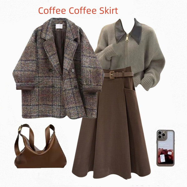 Vintage Blazer Design Knitted Sweater With Skirt Three-piece Set