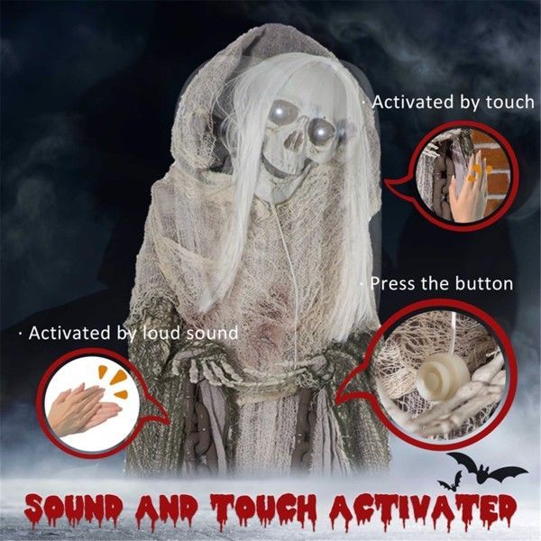 Creepy touch and sound activated skeleton. Halloween yard decor