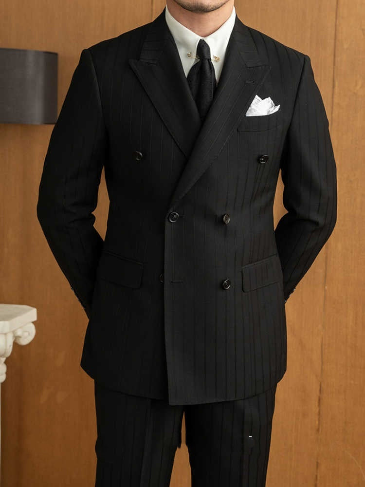 Handsome Men Versatile Black Striped Double Breasted Suit