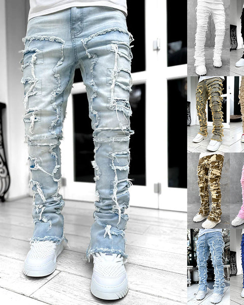 Men Trousers Individual Patched Pants Long Tight Fit Stacked Jeans For Mens Clothing