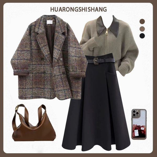Vintage Blazer Design Knitted Sweater With Skirt Three-piece Set