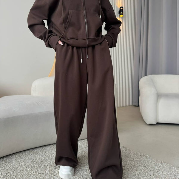 European And American Solid Color Long Sleeve Zipper Cardigan Hoodie Lace-up Trousers Two-piece Set