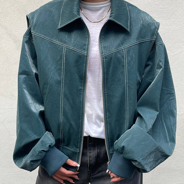 Loose Fashion Lapel Zip-up Jacket Cool Long Sleeve Zipper Closure Moto Biker Leather Jacket Womens Clothing