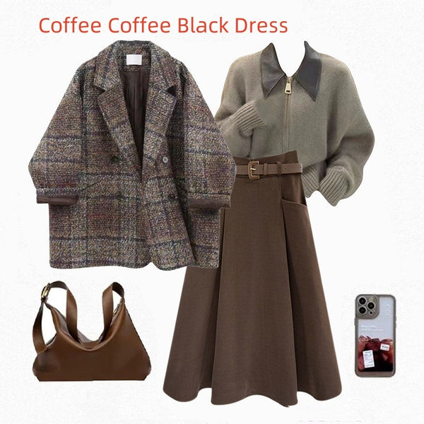 Vintage Blazer Design Knitted Sweater With Skirt Three-piece Set