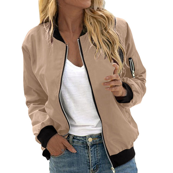 Women's Solid Color Cool Girl Baseball Jackets Round Neck Zipper Vintage Bomber Jacket Autumn Casual Female Bomber Jacket Chic Outerwear