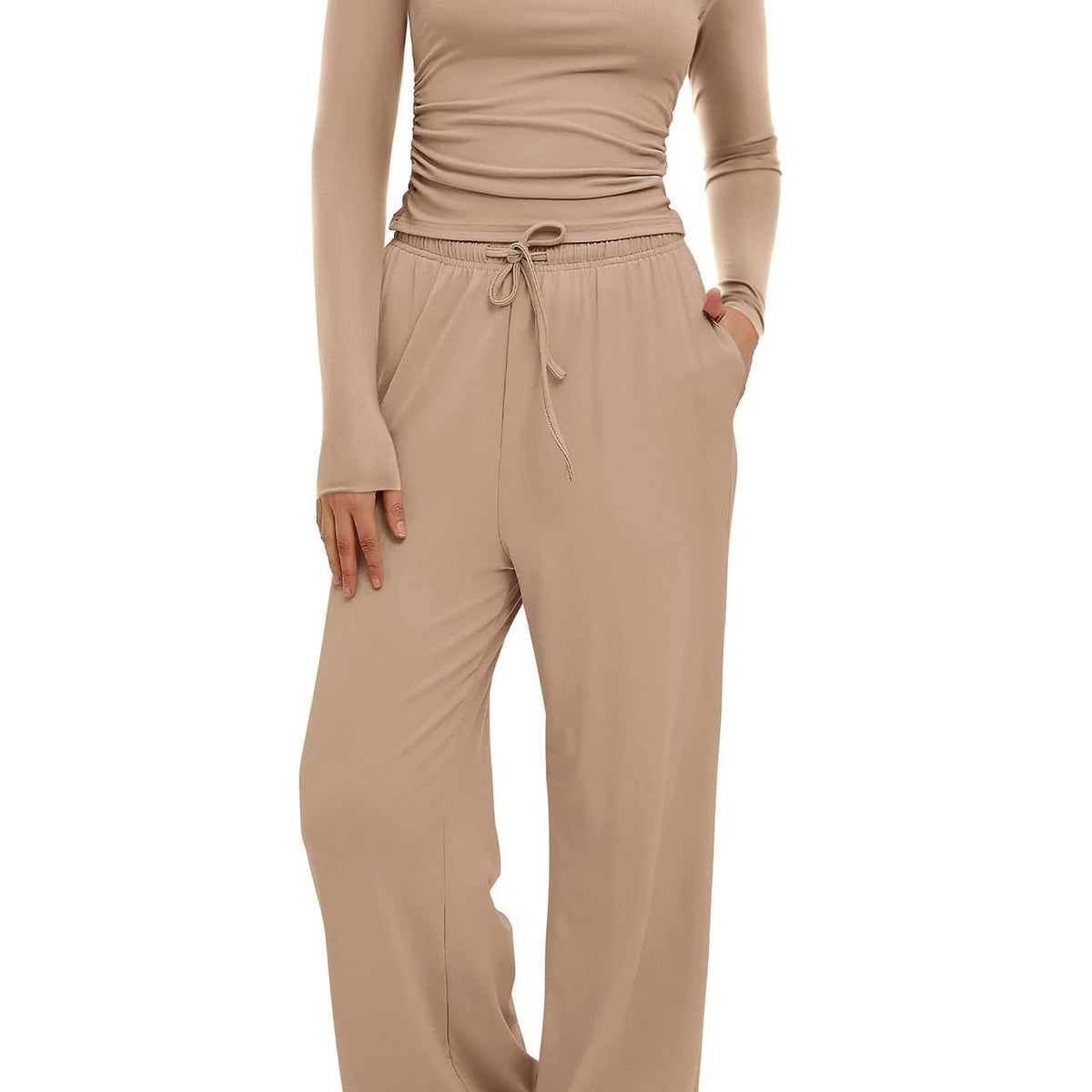 2 Pieces Women's Suit Autumn Winte Long Sleeve Tops High Waisted Wide Leg Pants Sportswear Female Clothes Solid Color Casual Suit