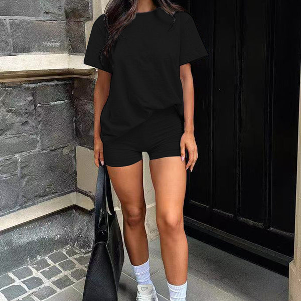 Three Piece Set, Round Neck Short Sleeved Top And Shorts And Pants Set, Sports And Casual Clothing