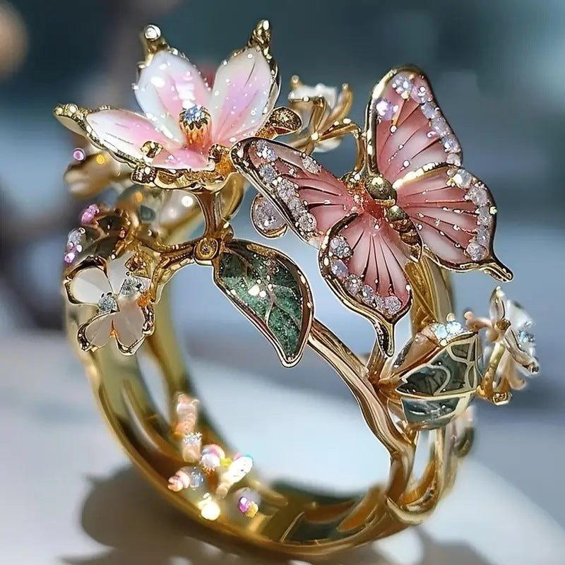 Flower Butterfly Ring With Rhinestones Design Fashion Personalized Jewelry For Women