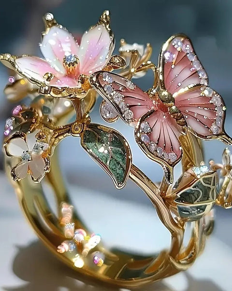 Flower Butterfly Ring With Rhinestones Design Fashion Personalized Jewelry For Women