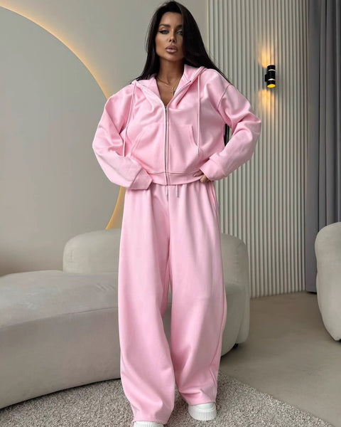 European And American Solid Color Long Sleeve Zipper Cardigan Hoodie Lace-up Trousers Two-piece Set