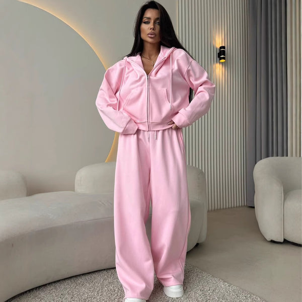 European And American Solid Color Long Sleeve Zipper Cardigan Hoodie Lace-up Trousers Two-piece Set