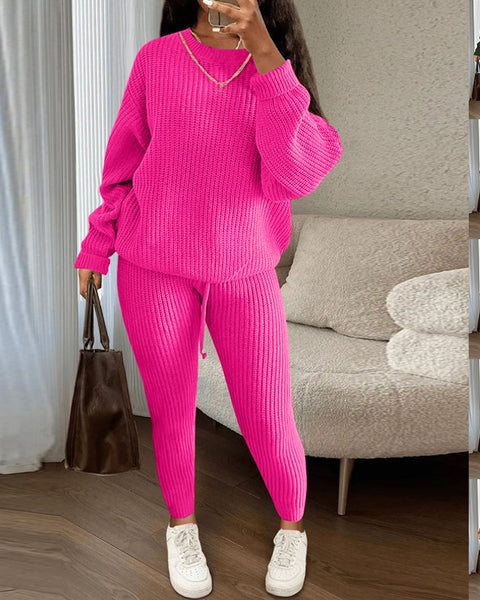 Winter Ribbed Knit Suits Fashion Loose Pullover Sweater Top And Drawstring Pants For Women Trouser Set Clothing
