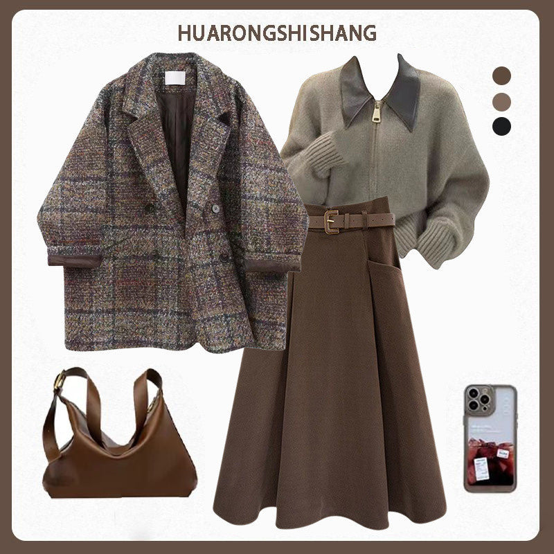 Vintage Blazer Design Knitted Sweater With Skirt Three-piece Set