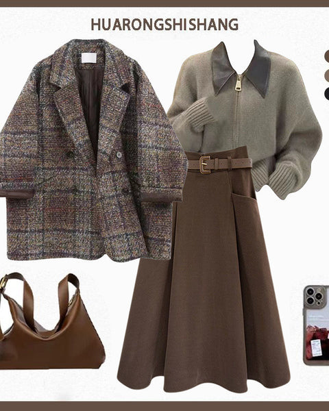 Vintage Blazer Design Knitted Sweater With Skirt Three-piece Set