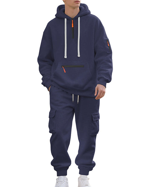 Men's Loose Sports And Leisure Suit Sweater Fleece-lined Hoodie Set Zipper Multi-Pocket Pullover Men's Sports Casual Top Two-piece Set