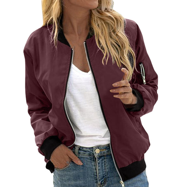 Women's Solid Color Cool Girl Baseball Jackets Round Neck Zipper Vintage Bomber Jacket Autumn Casual Female Bomber Jacket Chic Outerwear