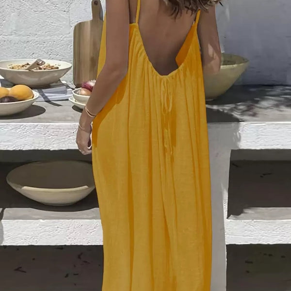 Loose Spaghetti Dress Ins Fashion U-cut Backless Tie-up Long Dresses Beach Vacation Bohemian Women's Clothing