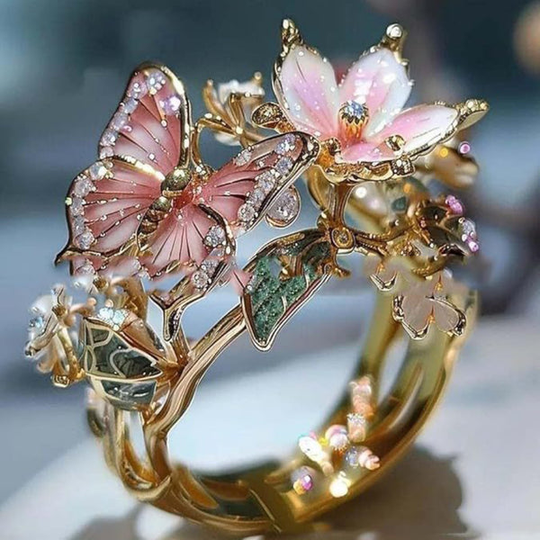 Flower Butterfly Ring With Rhinestones Design Fashion Personalized Jewelry For Women