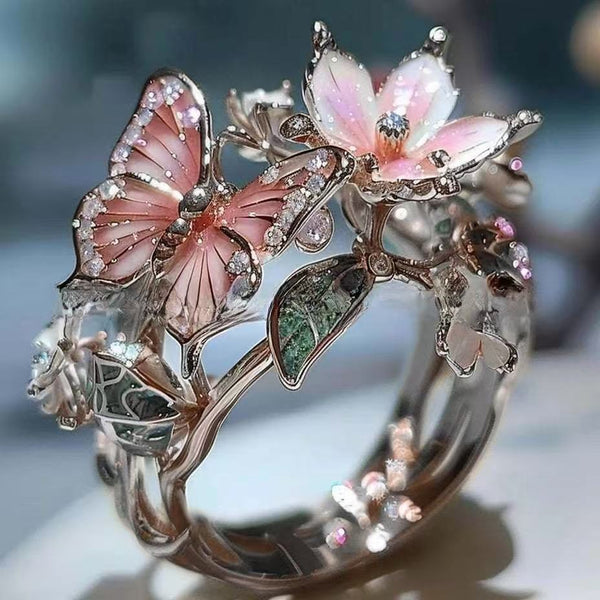 Flower Butterfly Ring With Rhinestones Design Fashion Personalized Jewelry For Women